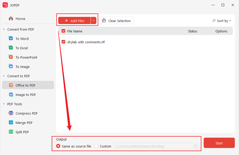 Click Add Files to import your RTF file and specify the saving path in JOPDF