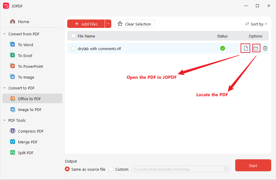 Click the File or Folder icon in JOPDF to open or locate the PDF file