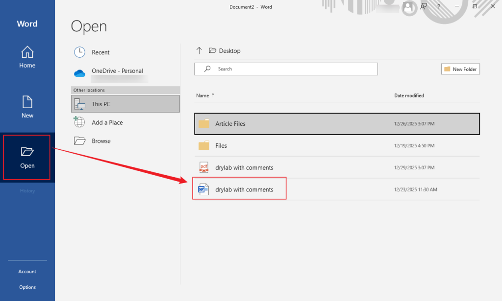 Click the Open option in Microsoft Word to open your RTF file