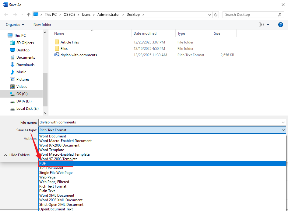 Open the Save as type list in Microsoft Word and choose PDF