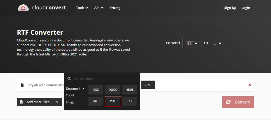Select PDF as the output format and click Convert in CloudConvert