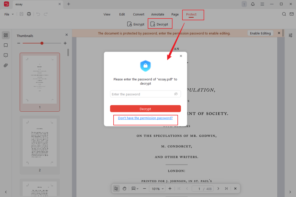 Go to Protect and select the Decrypt option in JOPDF