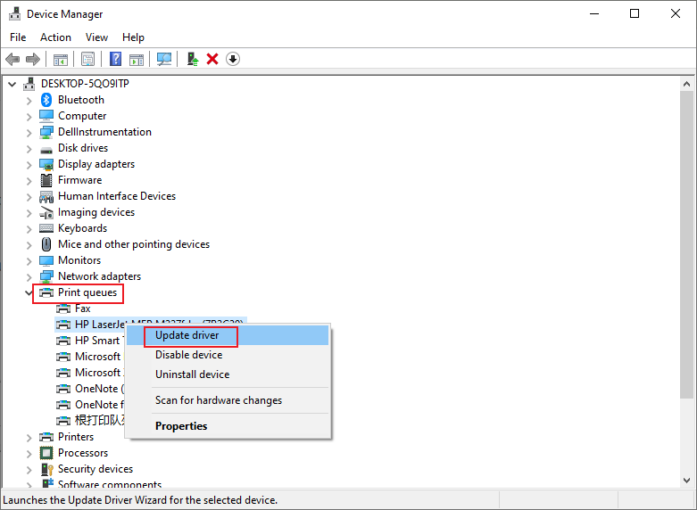Right-click on your printer and select the Update driver option in Device Manager