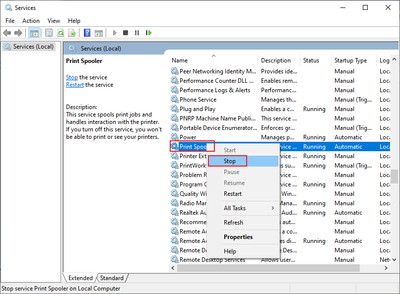 Right-click on Print Spooler and click Stop in the Services window