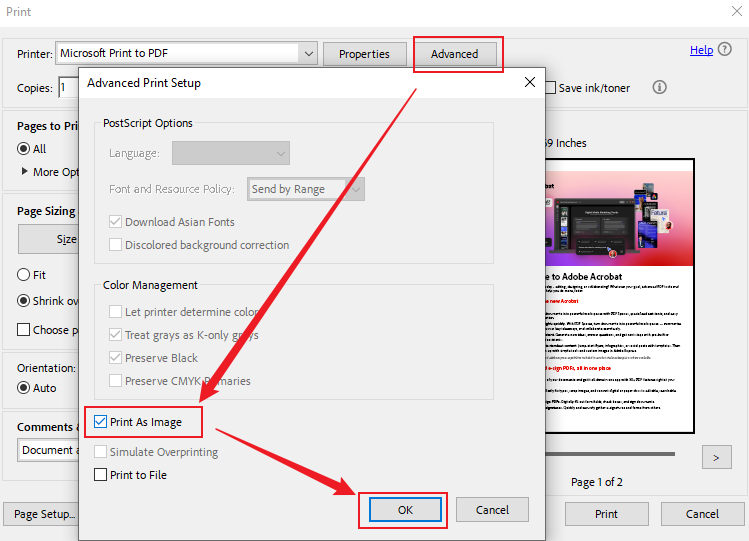 Click Advanced and enable Print As Image in Adobe Acrobat