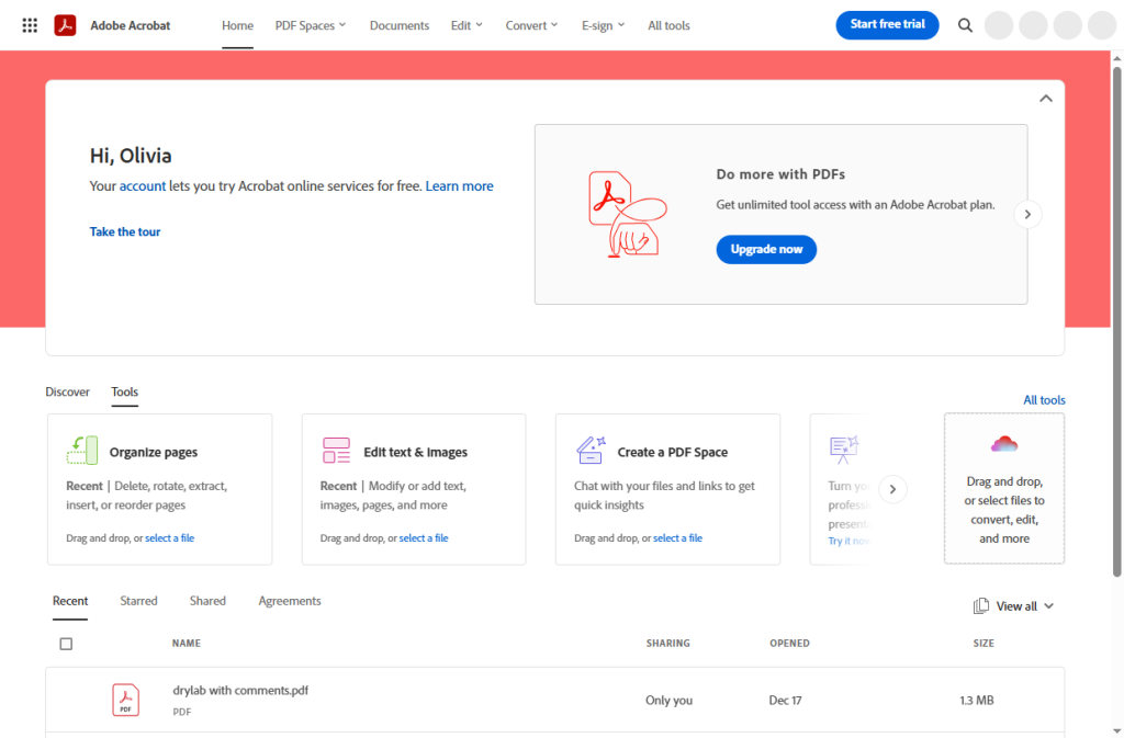 Interface of Adobe Acrobat Online