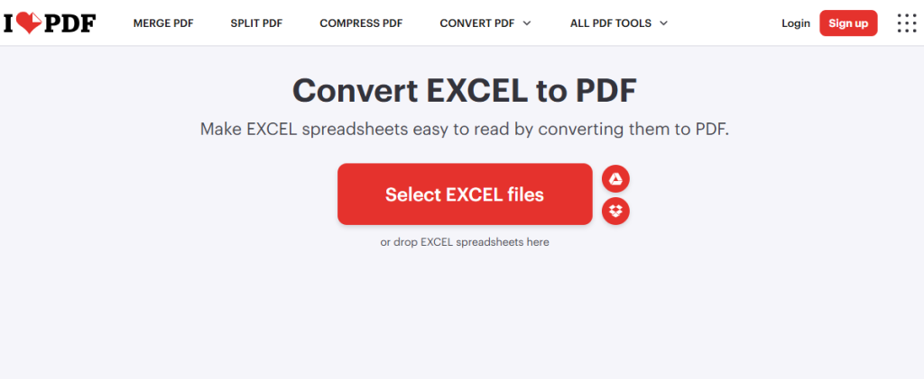 Interface of iLovePDF Excel to PDF converter