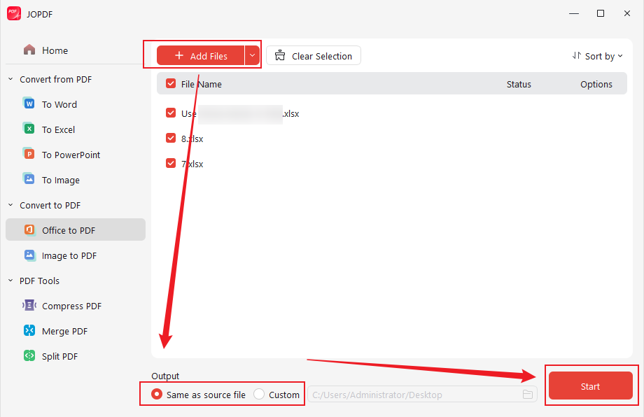 Click Add Files to upload your XLSX file and click Start in JOPDF