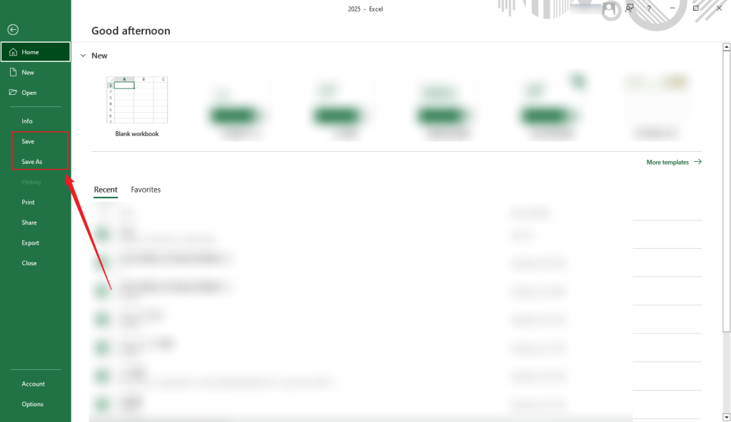 Click File and select the Save or Save As option in Microsoft Excel