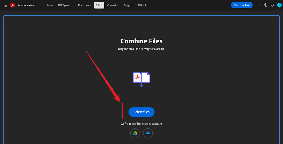 Click Select files in Adobe Acrobat online merge PDF tool