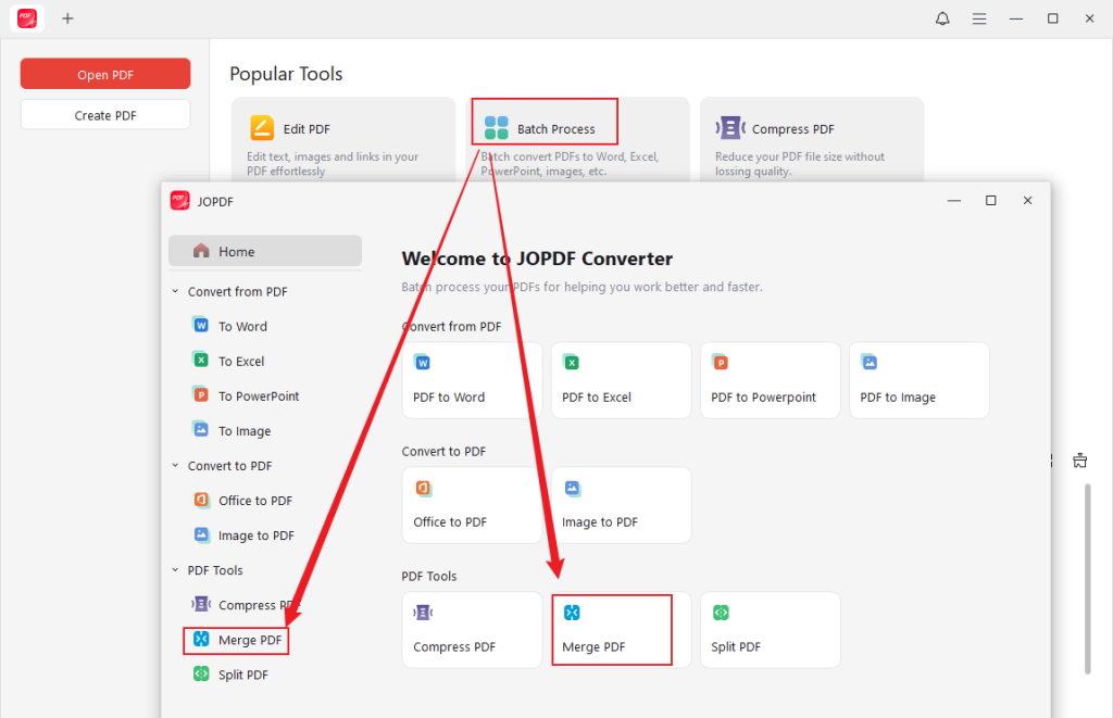 Click Batch Process and select the Merge PDF tool in JOPDF