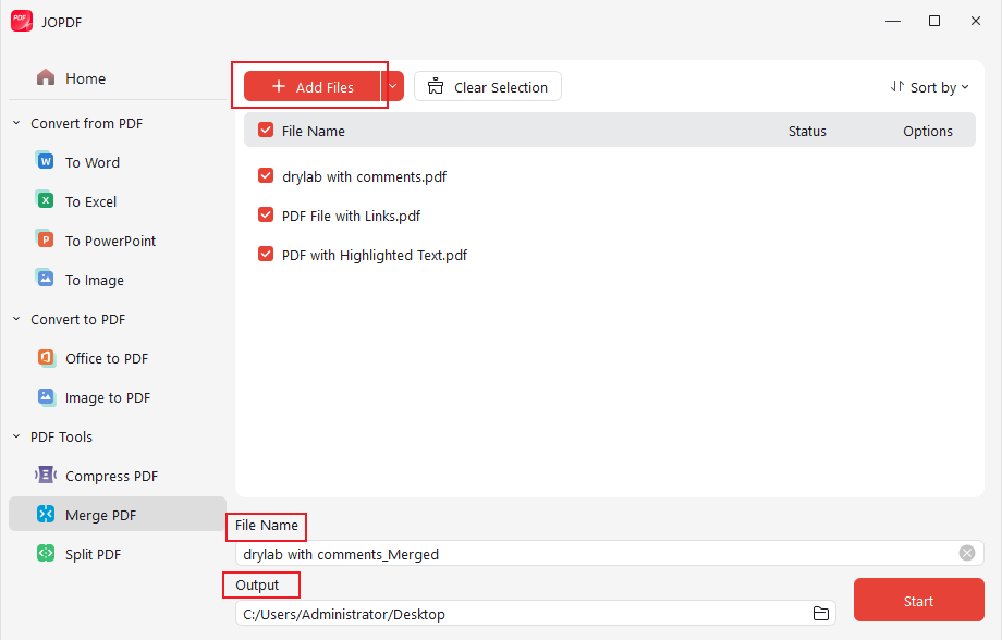 Name the merged PDF and choose its saving path in JOPDF