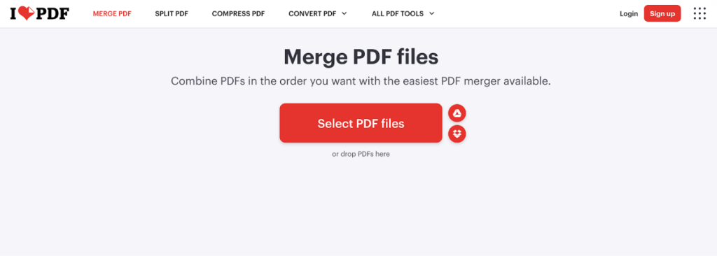 Click Select PDF files to upload target PDF files into iLovePDF
