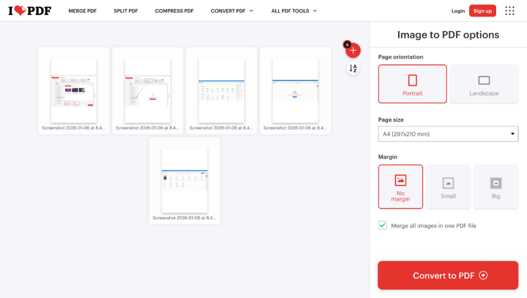 Click the Convert to PDF button in iLovePDF to combine images into one PDF