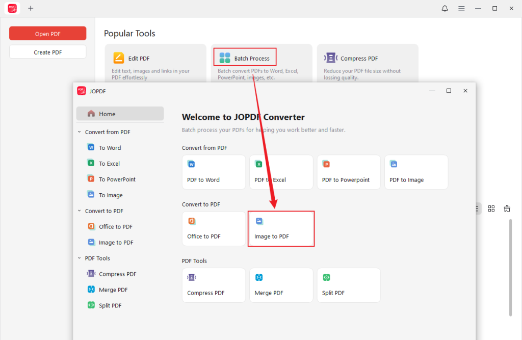 Click Batch Process and click the Image to PDF option in JOPDF