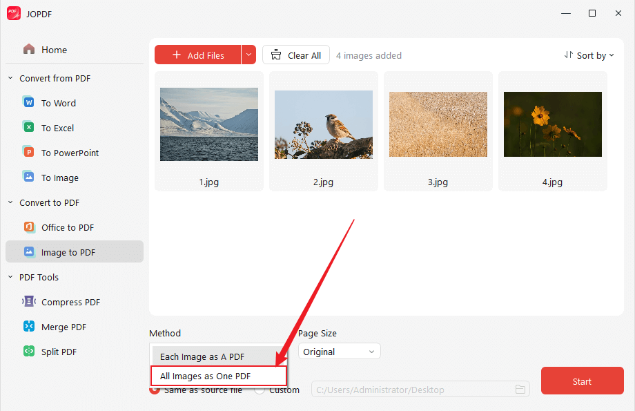 Select the All Images as One PDF option in JOPDF