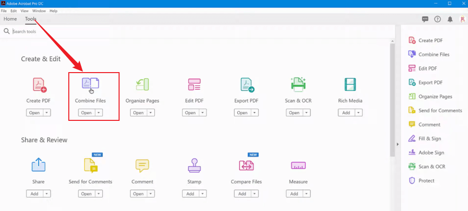 Click the Combine Files option under the Tools tab in Adobe Acrobat