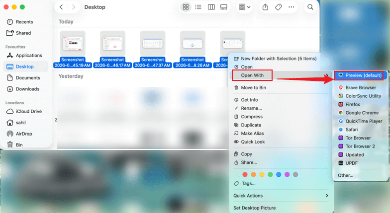 Select the images you want to combine and right-click them to select Open With Preview