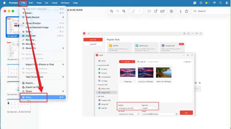 Click File and select Print in Preview