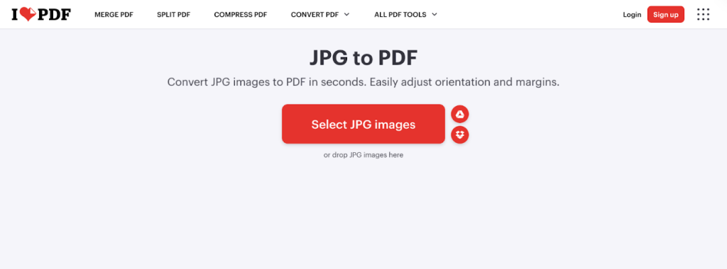 Click Select JPG images to import your images into iLovePDF