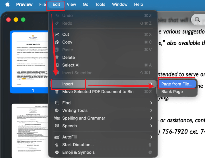 Click File and choose Insert Page from File in Preview