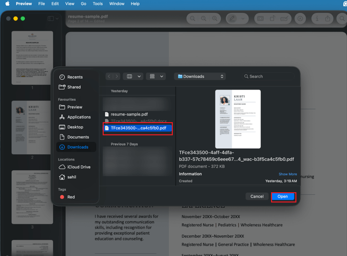 Select the second PDF file and click Open to insert it into Preview