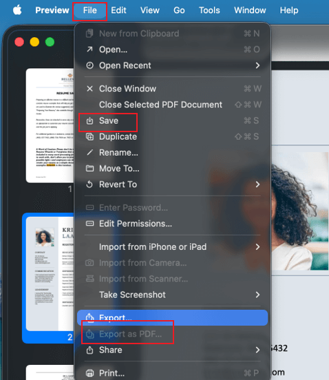 Click File and select Save or Export as PDF in Preview