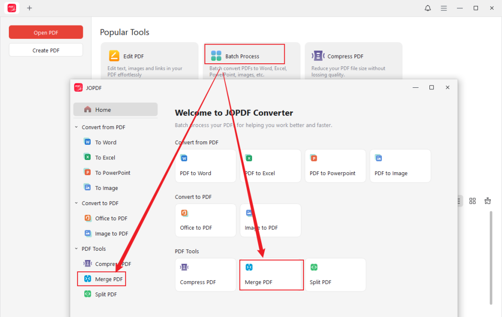 Click Batch Process and choose the Merge PDF option in JOPDF