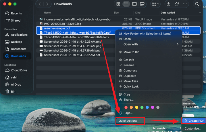 Select the target PDFs and right-click to choose Quick Actions and Create PDF