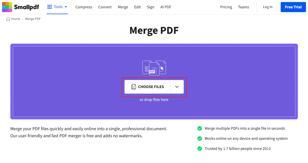 Click CHOOSE FILES to upload target PDFs into Smallpdf’s Merge PDF tool