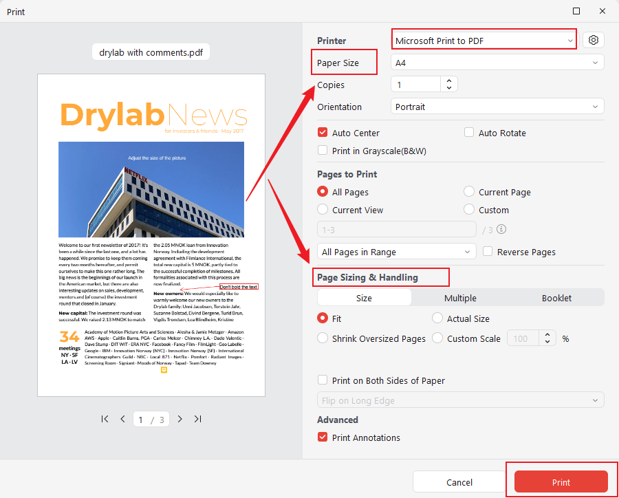 Print the PDF to the same size in the Print dialog of JOPDF
