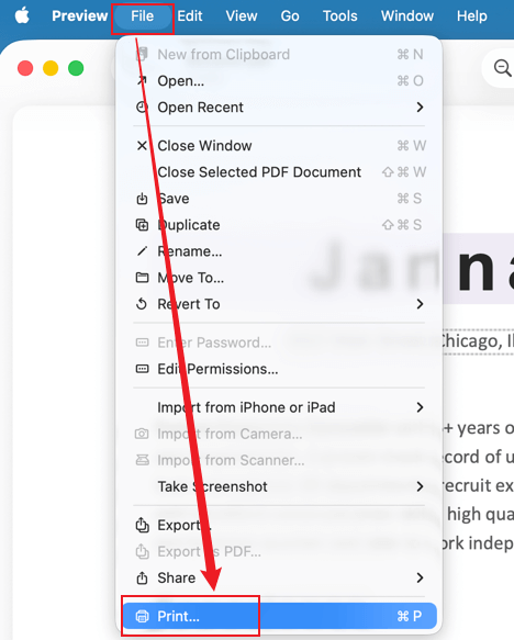 Click File and select the Print option in Preview