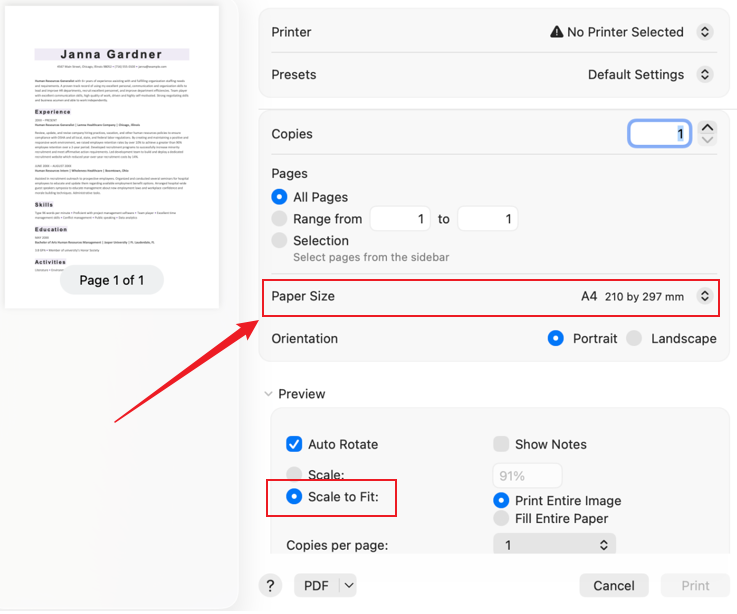 Choose the target Paper Size option in the Print dialog of Preview