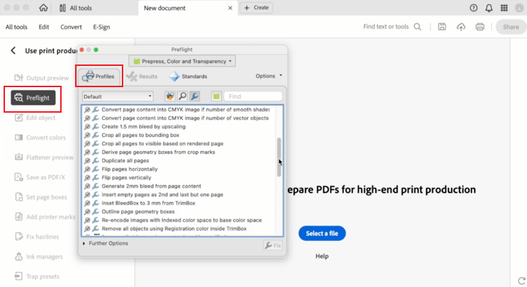 Navigate to the Preflight option in Adobe Acrobat