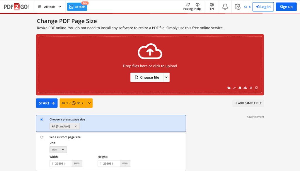 Click Choose file to upload your PDF file into PDF2Go