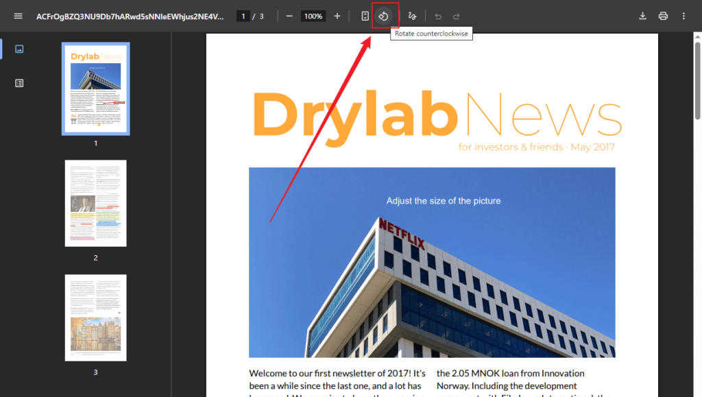 Click the Rotate counterclockwise icon in the print window to rotate the PDF in Google Drive