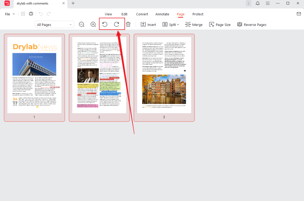 Select all PDF pages and click the rotate icons in JOPDF to rotate multiple PDF pages