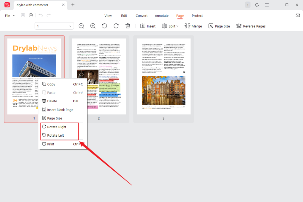 Right-click on the target PDF page and select the Rotate Right or Rotate Left option in JOPDF