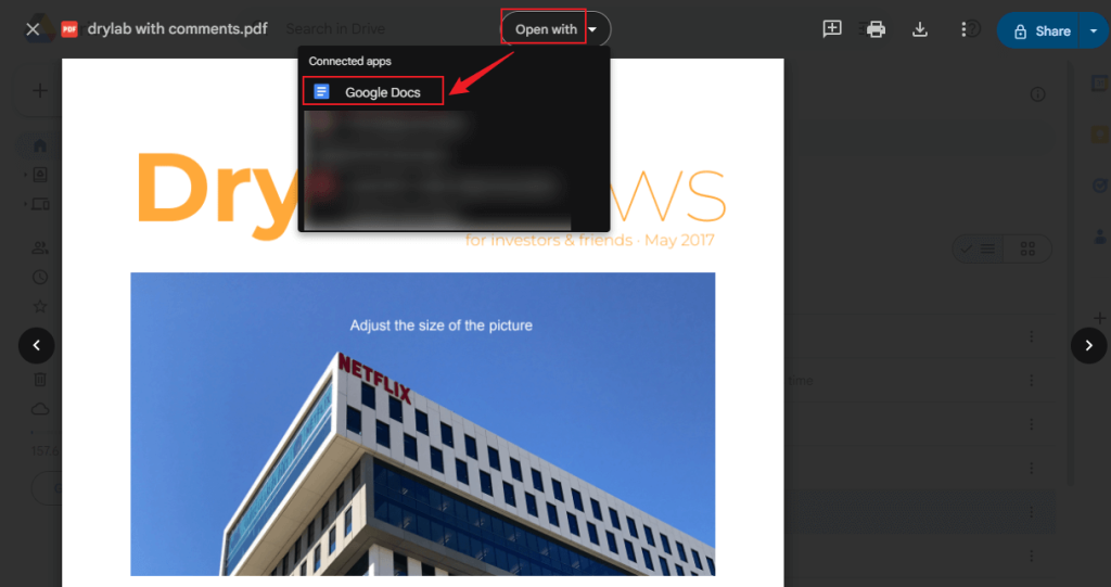 Click Open with and choose the Google Docs option in Google Drive
