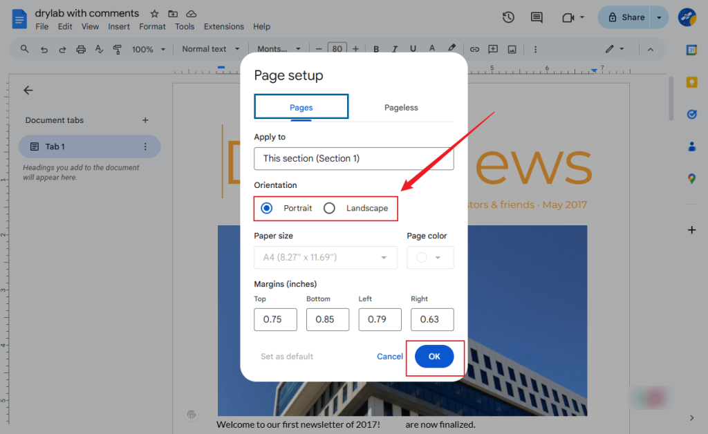 Select the Portrait or Landscape option in Google Docs