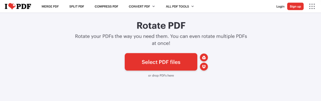 Click Select PDF files to import your PDF into iLovePDF
