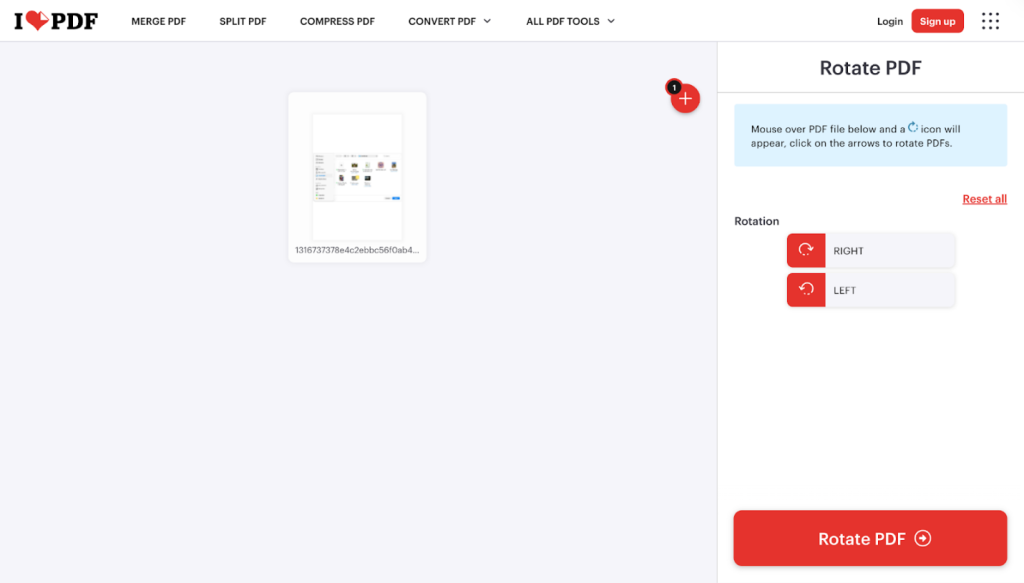 Select the RIGHT or LEFT option in iLovePDF and click Rotate PDF