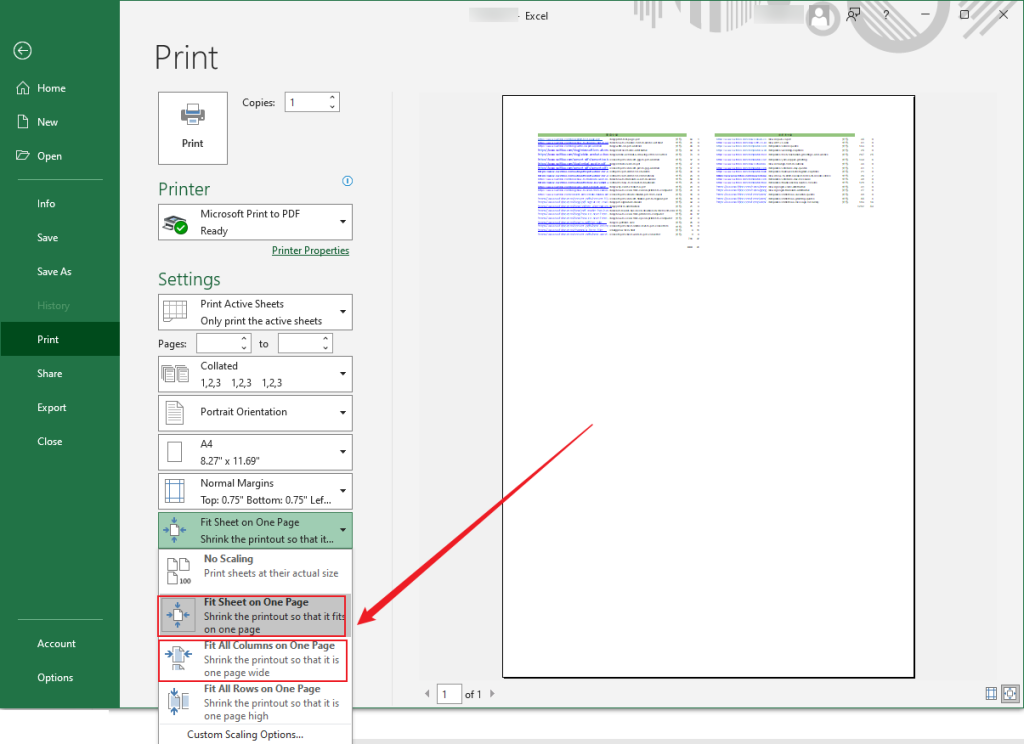 Click the Fit Sheet on One Page or Fit All Columns on One Page option in Microsoft Excel