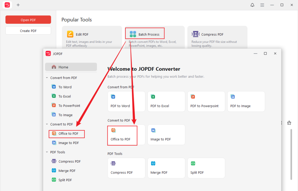 Click Batch Process and select the Office to PDF option in JOPDF
