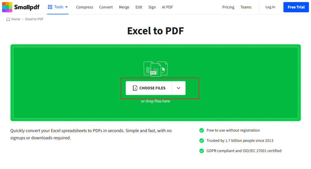 Click SHOOSE FILES to upload your Excel file into Smallpdf