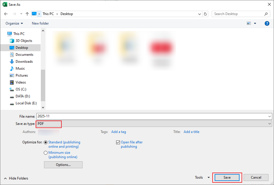Select PDF as the Output format in Microsoft Excel