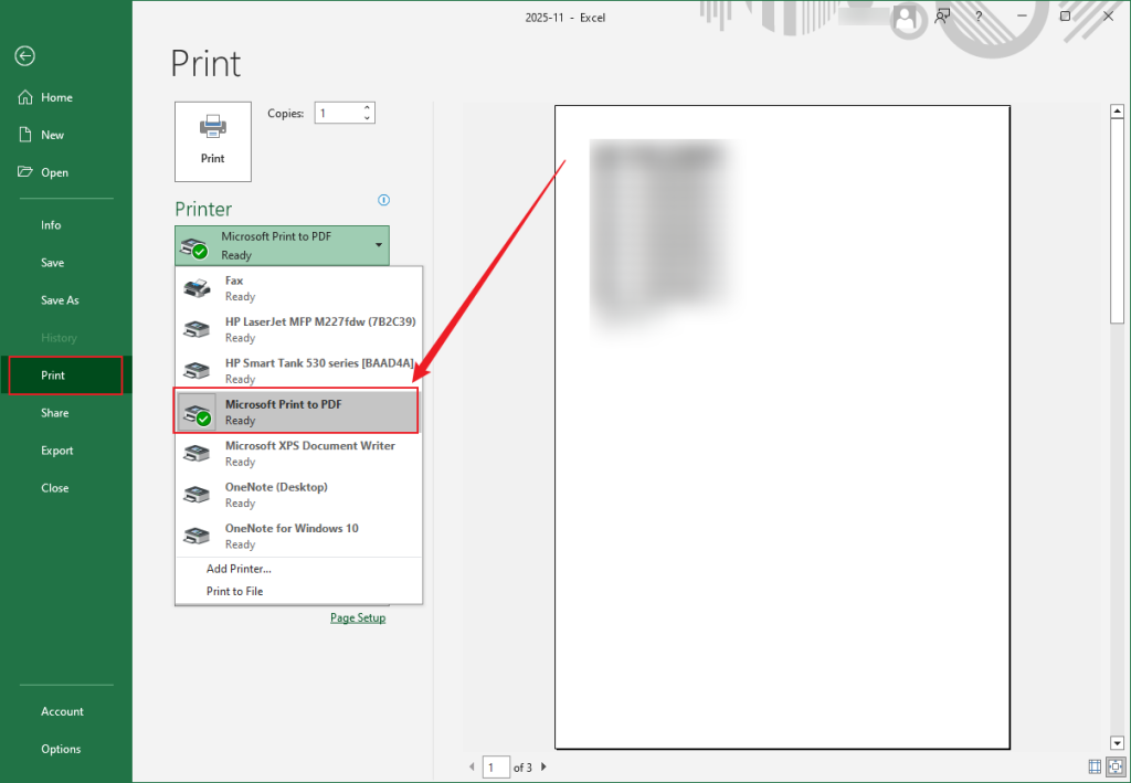 Click Print and select Microsoft Print to PDF in Microsoft Excel