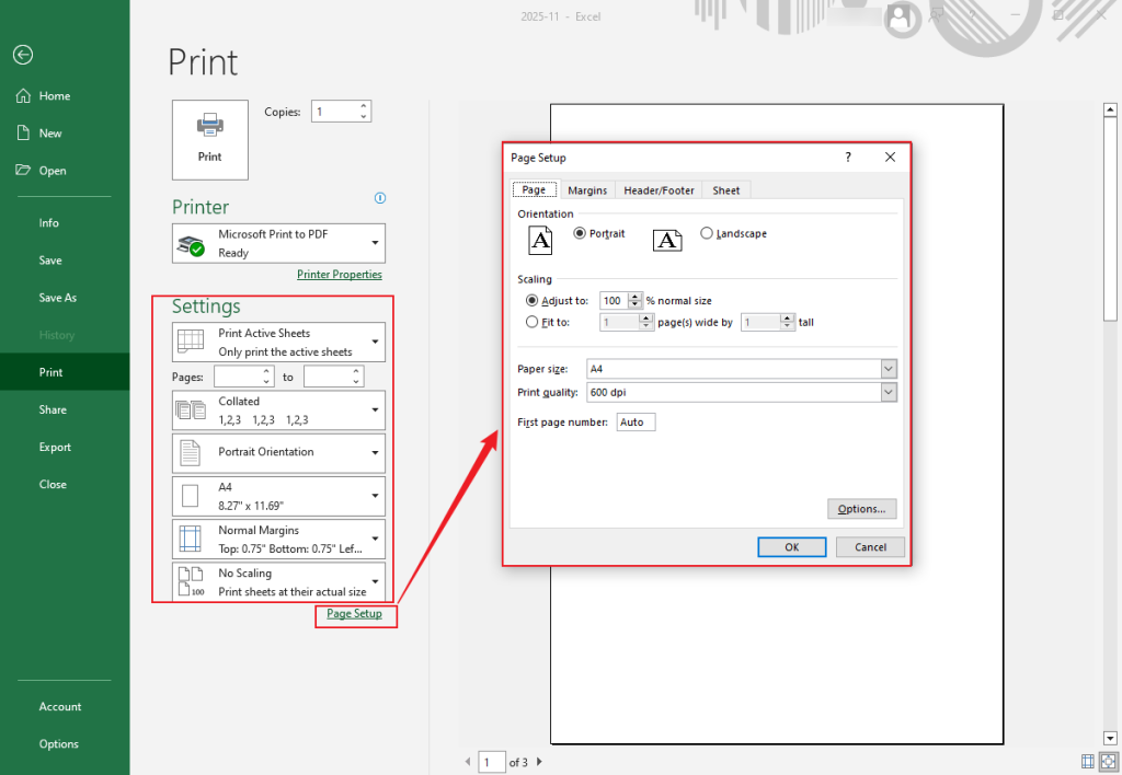 Adjust the print settings and click Page Setup to adjust other page settings in Microsoft Excel