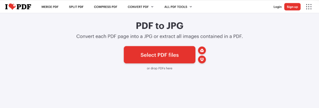Go to iLovePDF’s PDF to JPG page in your browser