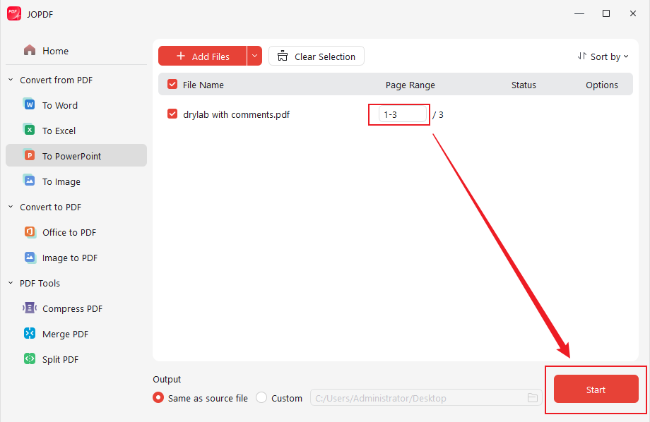Customize the output settings and click Start in JOPDF